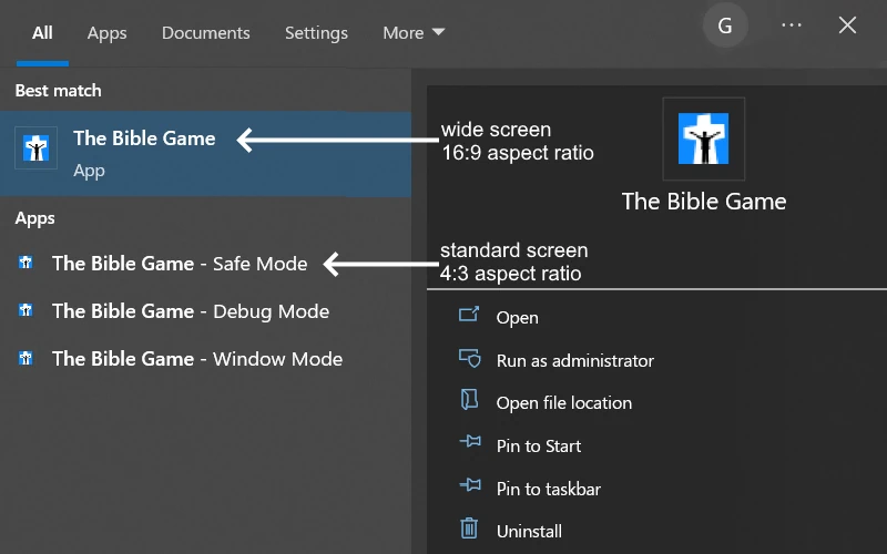 The Bible Game start menu entries